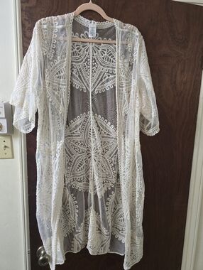 Sheer Crochet Lace Duster Kimono in Ivory With Intricate Embroidery